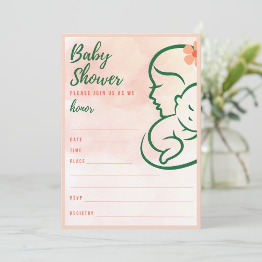 ママ&ベビーピーチ色の赤ちゃんシャワー塗りつぶし 招待状 (スタンド正面)