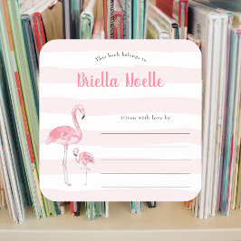 ママ+ベビーフラミンゴ蔵書票シール スクエアシール