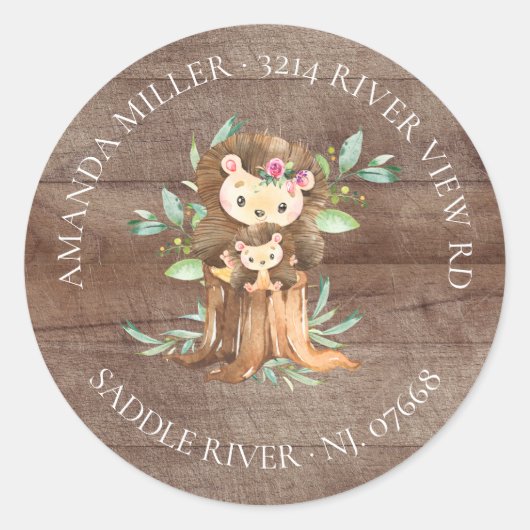 ママ&ベビーヘッジホッグシャワー差出人住所ラベル ラウンドシール (正面)