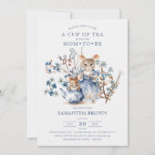 ママ&ベビーマウスブルーワイルドフラワーベビーシャワー 招待状 (正面)