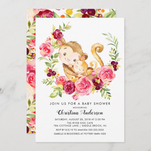 ママ&ベビーモンキーベビーシャワー 招待状 (正面/裏面)