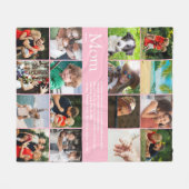 ママ マム マーマ 16枚の写真を飾ったピンクのフォトコラージュ フリースブランケット (正面(横))