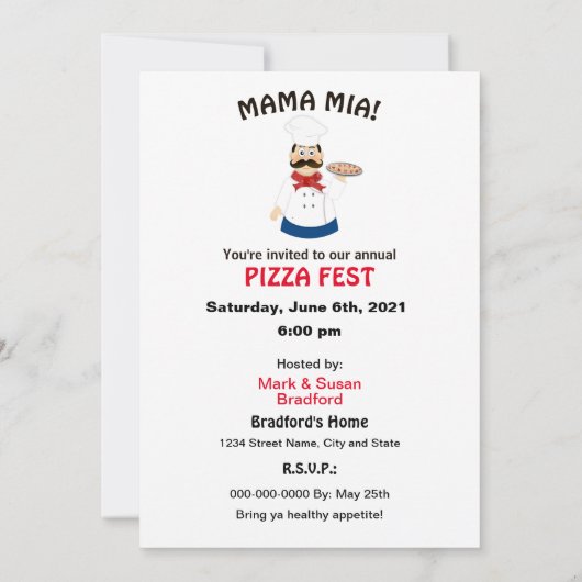 ママ·ミア·ピザ·フェスト·シェフがピザを作る 招待状 (裏面)