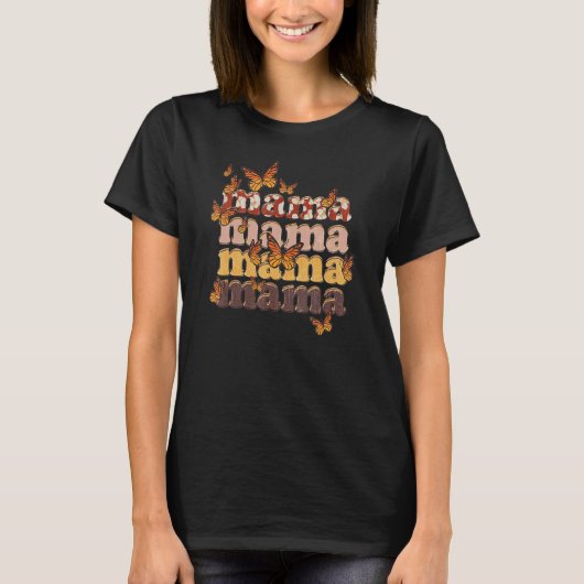 ママ 母さん 蝶 ボホ ママ ヒョウ 牛 プリント モス Tシャツ (正面)