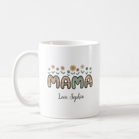 ママ、母の日カスタムネーム フラワー コーヒーマグカップ (左)