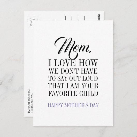 ママ 私はあなたの最も愛されている子供よ 母の日 ポストカード (正面/裏面)