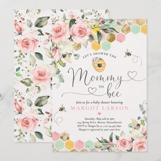 マミー トゥ ビー グリーンレディ ピンク＆ゴールド ビー ベイビー シャワー 招待状 (正面/裏面)