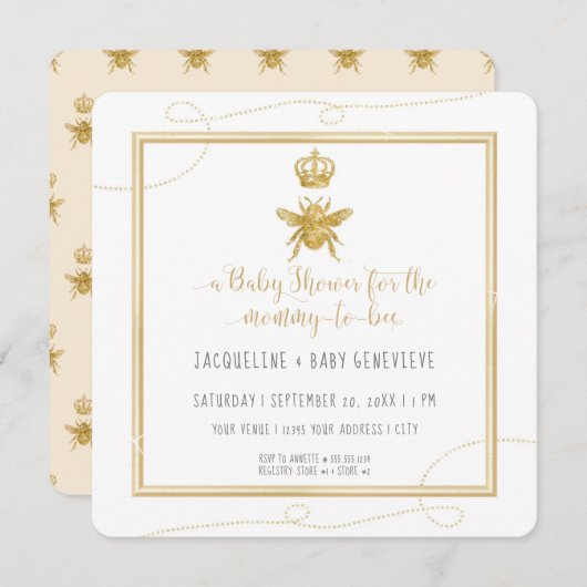 マミー・トゥ・ビー ゴールド グリッター イエロー ベビー インビテーション (正面/裏面)