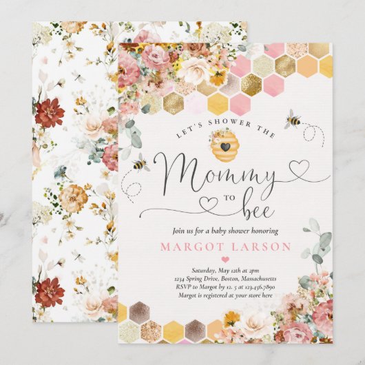 マミー・トゥ・ビー・スプリング・ボホ・ワイルドフラワー・ベイビーシャワー 招待状 (正面/裏面)