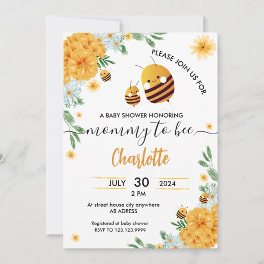 マミー・トゥ・ビー ベイビーシャワー フローラル ウォーターカラー 招待状 (正面)