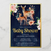 マミー ベイビー フローラル 鹿 ネイビーブルー ベイビーシャワー ゴールド 箔招待状 (正面)