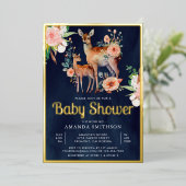 マミー ベイビー フローラル 鹿 ネイビーブルー ベイビーシャワー ゴールド 箔招待状 (立ち正面)