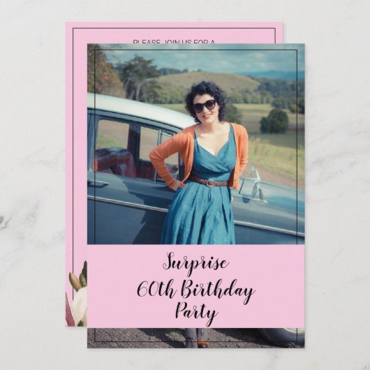 マムウォーターカラーフローラサプライズフォト60th誕生日 招待状 (正面/裏面)