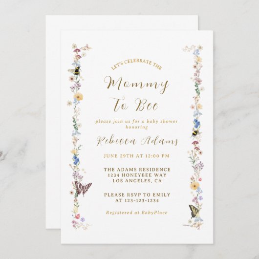 マムビーガーデンパーティー野花ベビーシャワー 招待状 (正面/裏面)