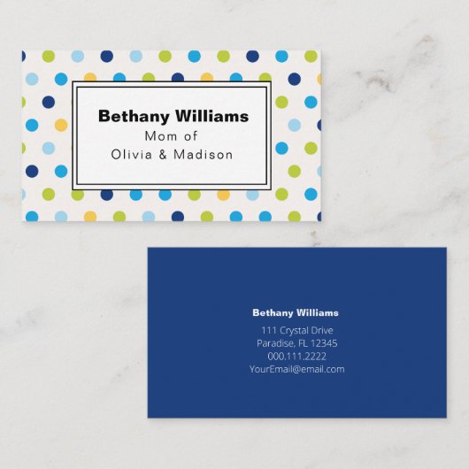 マムプレイデーシンプルト青い緑の点コールカード 名刺 (正面/裏面)