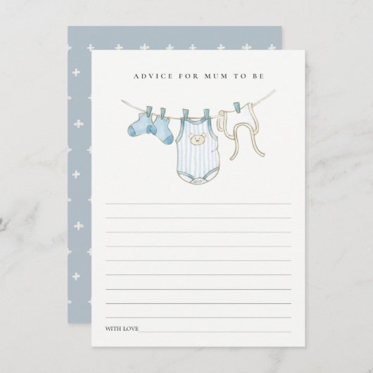 マムベイビーシャワー用かわいいブルークロザーラインアドバイス エンクロージャーカード (正面/裏面)
