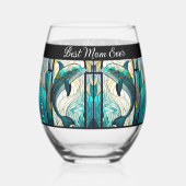 マム最高のエバーブルーとティール(緑がかった色)イルカ ステムなしワイングラス (正面)