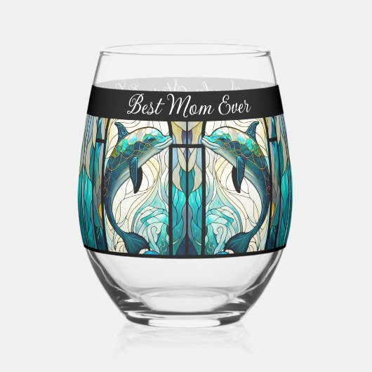 マム最高のエバーブルーとティール（緑がかった色）イルカ ステムなしワイングラス (正面)