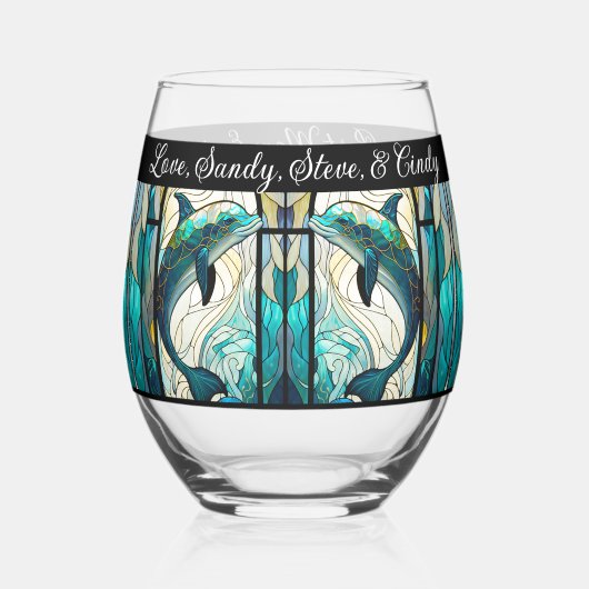 マム最高のエバーブルーとティール(緑がかった色)イルカ ステムなしワイングラス (裏面)