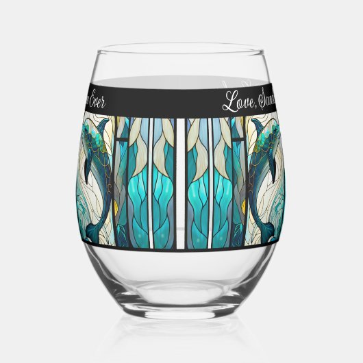 マム最高のエバーブルーとティール（緑がかった色）イルカ ステムなしワイングラス (左)