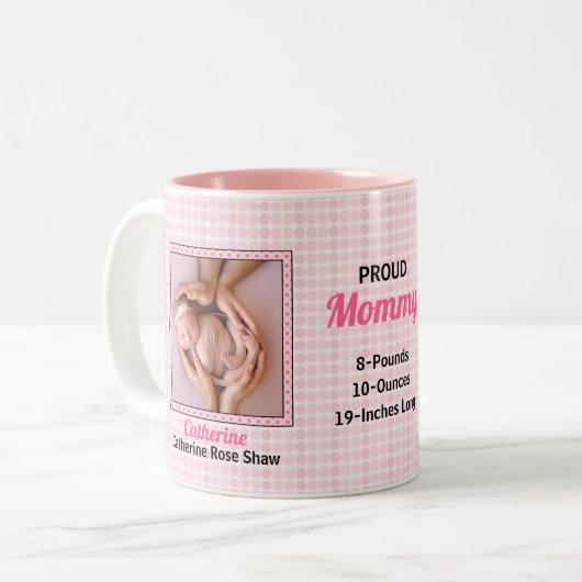 マム誇りを持ったピンク水玉模様と2枚のベビー写真 ツートーンマグカップ (正面左)
