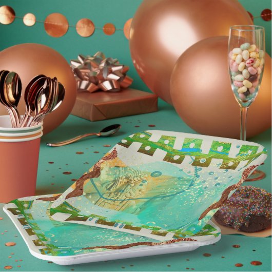 マヤターコイズ&金ゴールドメキシカンボホ ペーパープレート (複数)