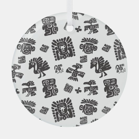 マヤ白黒エスニックパターン ガラスオーナメント (正面)