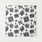 マヤ白黒エスニックパターン タペストリー (正面(横))