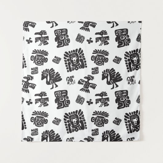 マヤ白黒エスニックパターン タペストリー (正面)