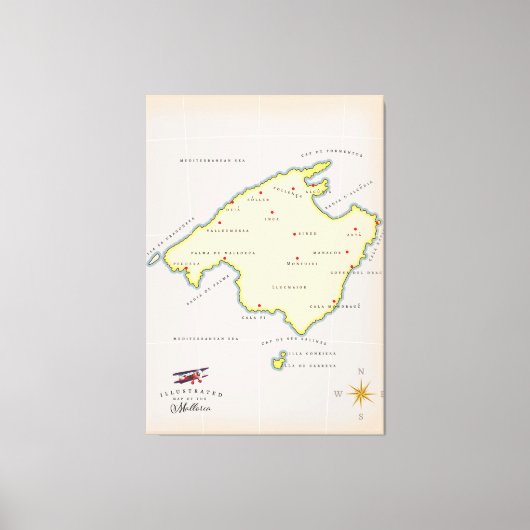 マヨルカ島のイラスト地図 キャンバスプリント (正面)
