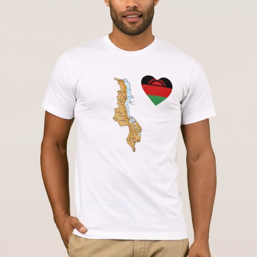 マラウィの旗のハートおよび地図のTシャツ Tシャツ (正面)