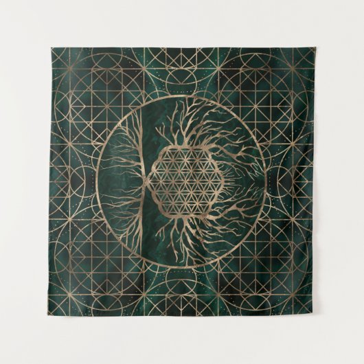 マラカイトおよび金ゴールド生命の樹の生命の花 タペストリー (正面(横))