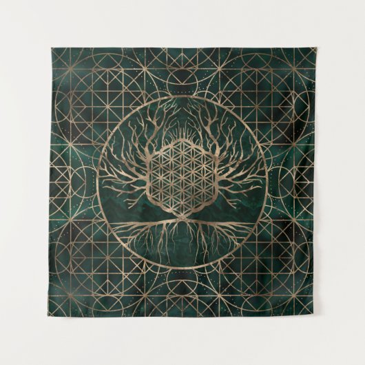 マラカイトおよび金ゴールド生命の樹の生命の花 タペストリー (正面)