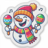 マラカスでクリスマスを祝う雪だるま シール (正面)