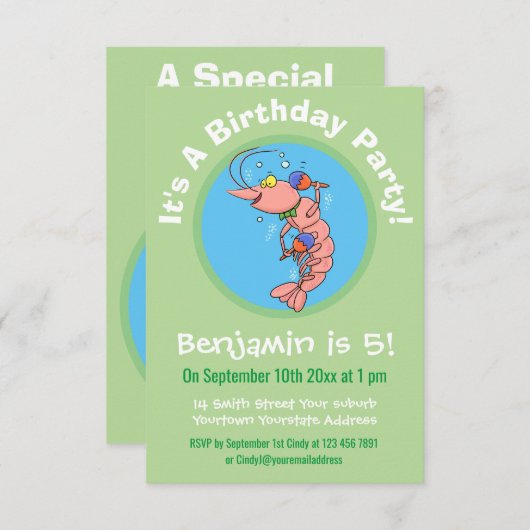 マラカスの誕生日にエビを飾った可愛いハッピーマンガ 招待状 (正面/裏面)