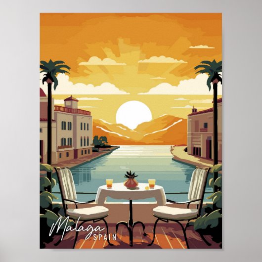マラガスペインアートヴィンテージ旅行イラストレーション ポスター (正面)