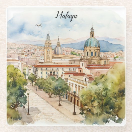 マラガスペイン建築水彩画 ガラスコースター (正面)