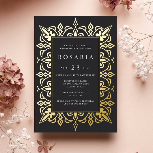 マラケシュ |エレガントブライダルシャワーブラック&金ゴールド 箔招待状