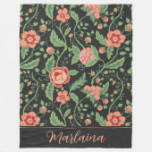 マラリーナブラックアールヌーボーフローラつる植物 フリースブランケット (正面)