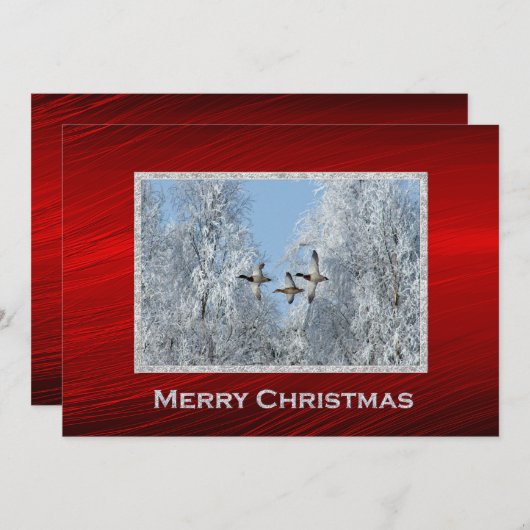 マラードダックス飛んでいるスノー写真クリスマスフラット シーズンカード (正面/裏面)