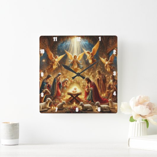 マリアとヨセフは優しくベビー・イエスを崇拝 スクエア壁時計 (ホーム)