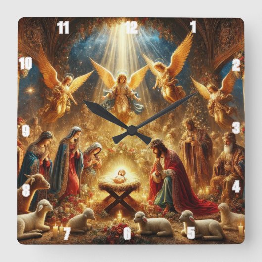 マリアとヨセフは優しくベビー・イエスを崇拝 スクエア壁時計 (正面)