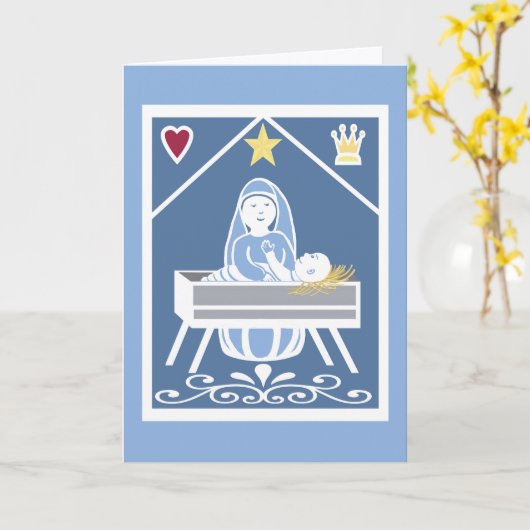 マリアと星とハートと王冠のいるマンネジャーの中の赤ちゃんイエス カード (黄色い花)