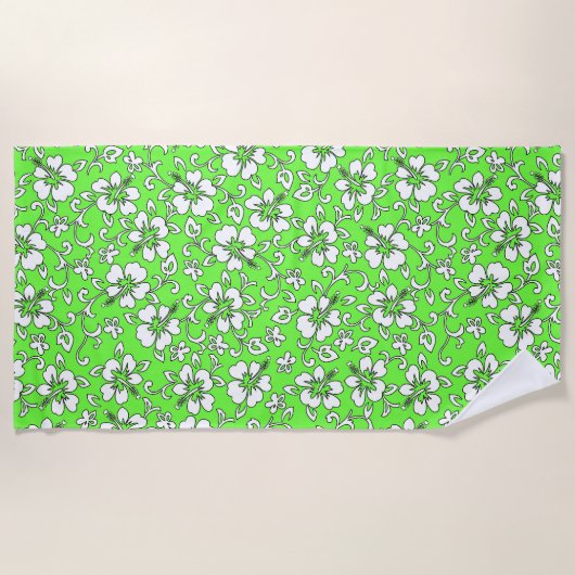 マリアハワイアンハイビスカストロピカルフローラ-ライム ビーチタオル (正面)