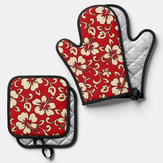 マリアハワイアンハイビスカスフローラレッド 鍋つかみ&鍋敷きセット (正面/裏面)