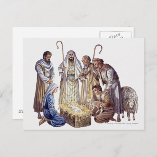 マリア、ヨセフ、そしてベビー・イエスを取り巻く羊飼い ポストカード (正面/裏面)