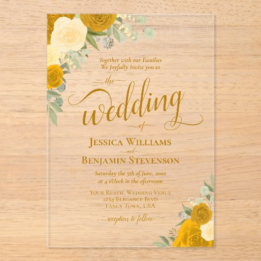 マリエレガントゴールド&バターイエローローズ結婚ズ アクリル招待状 (正面)