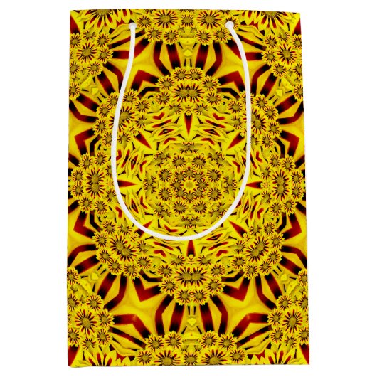 マリゴールズイエロー&レッドヴィンテージ万華鏡のように千変万化するパターン ミディアムペーパーバッグ (正面)