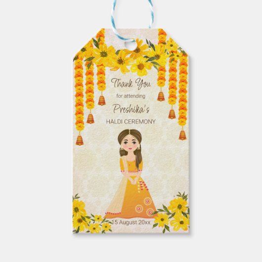 マリゴールドかわいいインディアンガールハルディパーソナライズされた ギフトタグ (正面)
