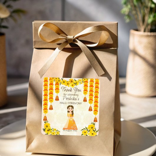 マリゴールドかわいいインディアンガールハルディパーソナライズされた スクエアシール